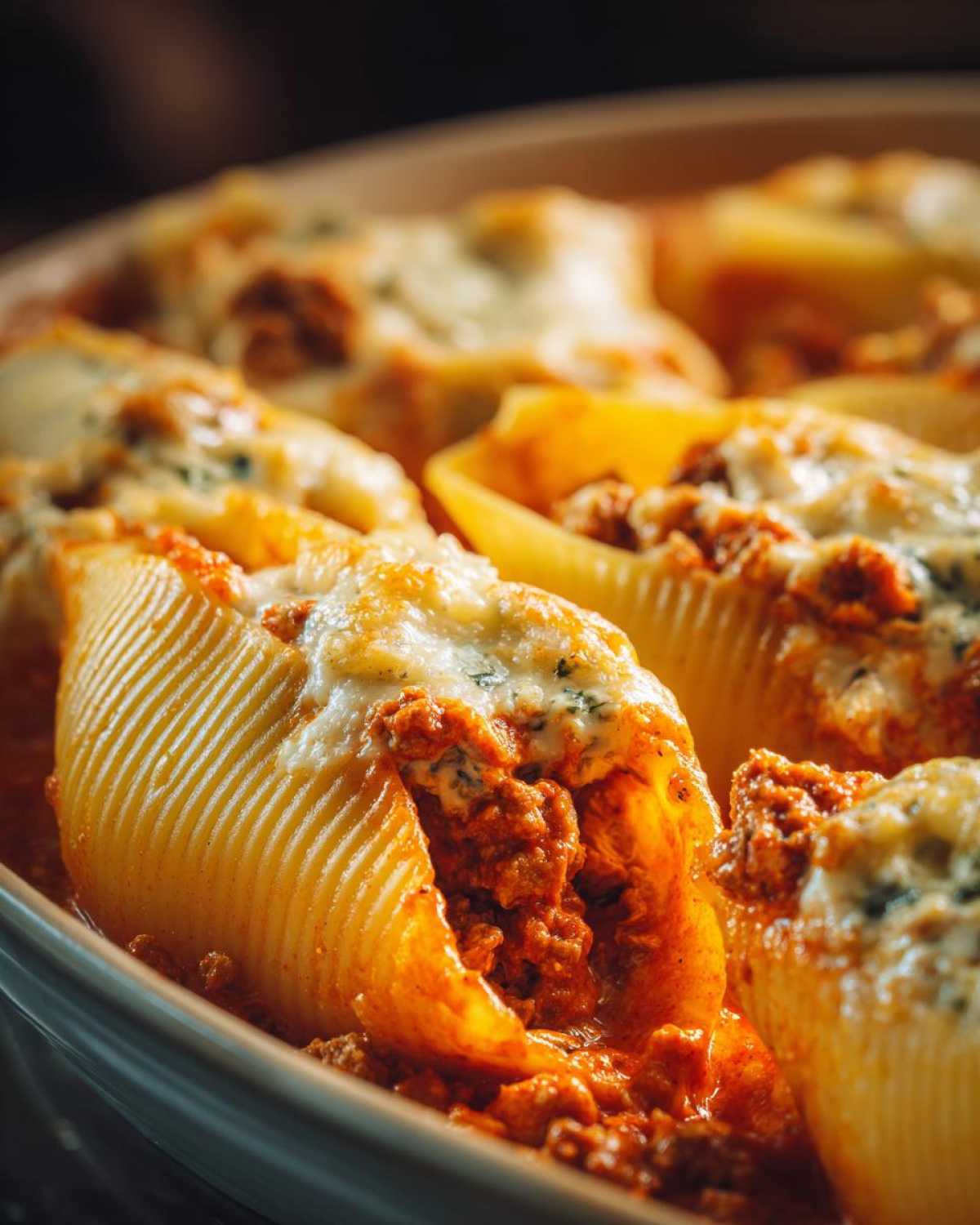 Close-up of baked jumbo pasta shells stuffed with creamy beef sauce and topped with melted cheese, ready to serve.
