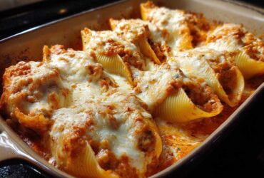 Close-up of baked Cheesy Pasta Shells with Creamy Beef Sauce topped with melted mozzarella.