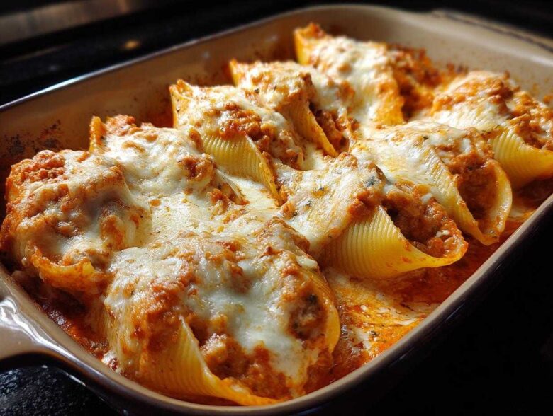 Close-up of baked Cheesy Pasta Shells with Creamy Beef Sauce topped with melted mozzarella.