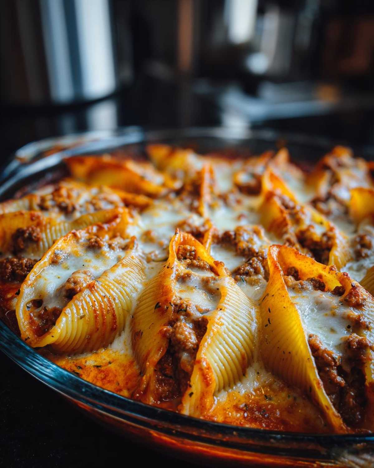 Close-up of baked Cheesy Pasta Shells with Creamy Beef Sauce, topped with melted mozzarella.