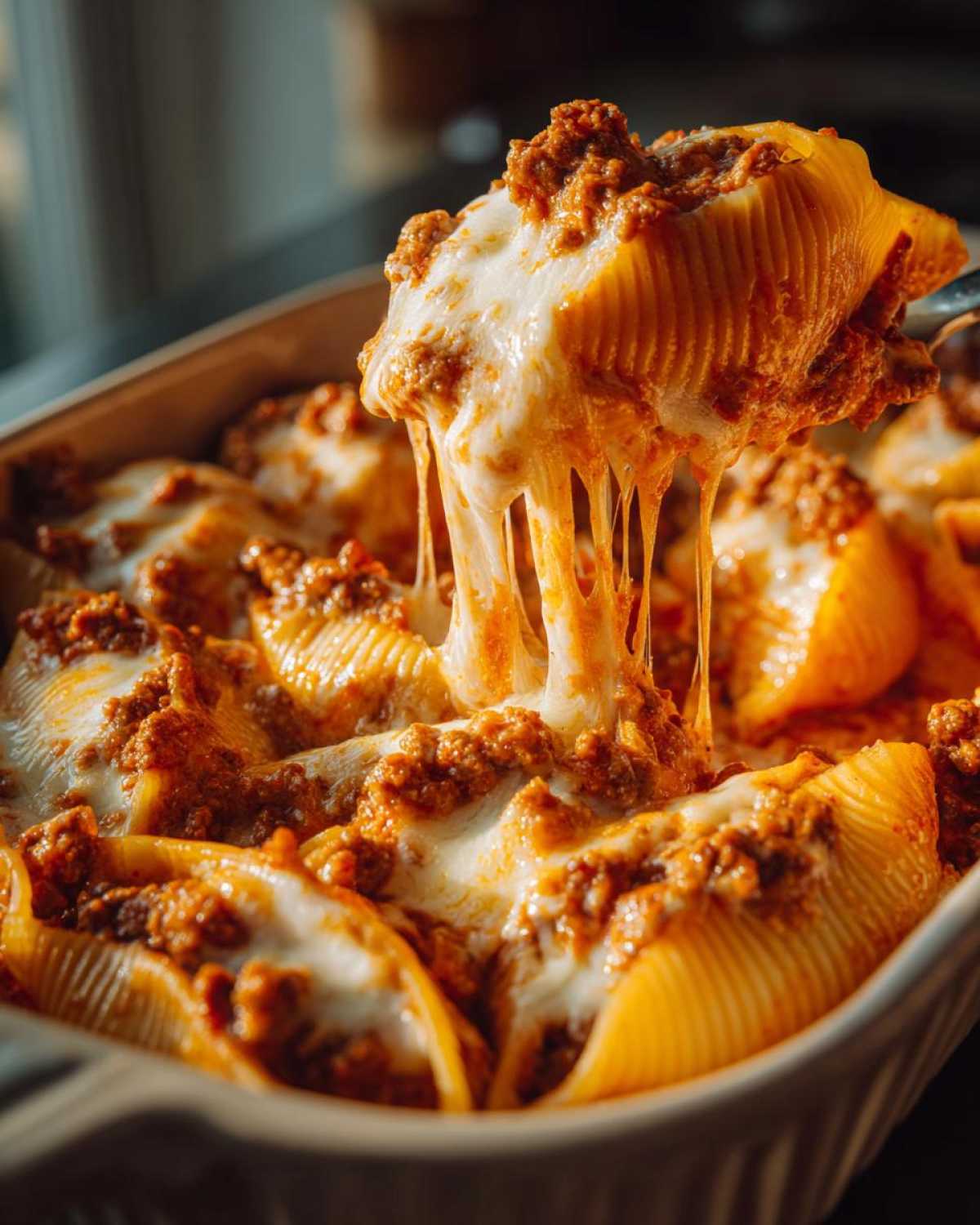 A fork lifts a jumbo pasta shell overflowing with creamy beef sauce and melted cheese from a baking dish of Cheesy Pasta Shells.