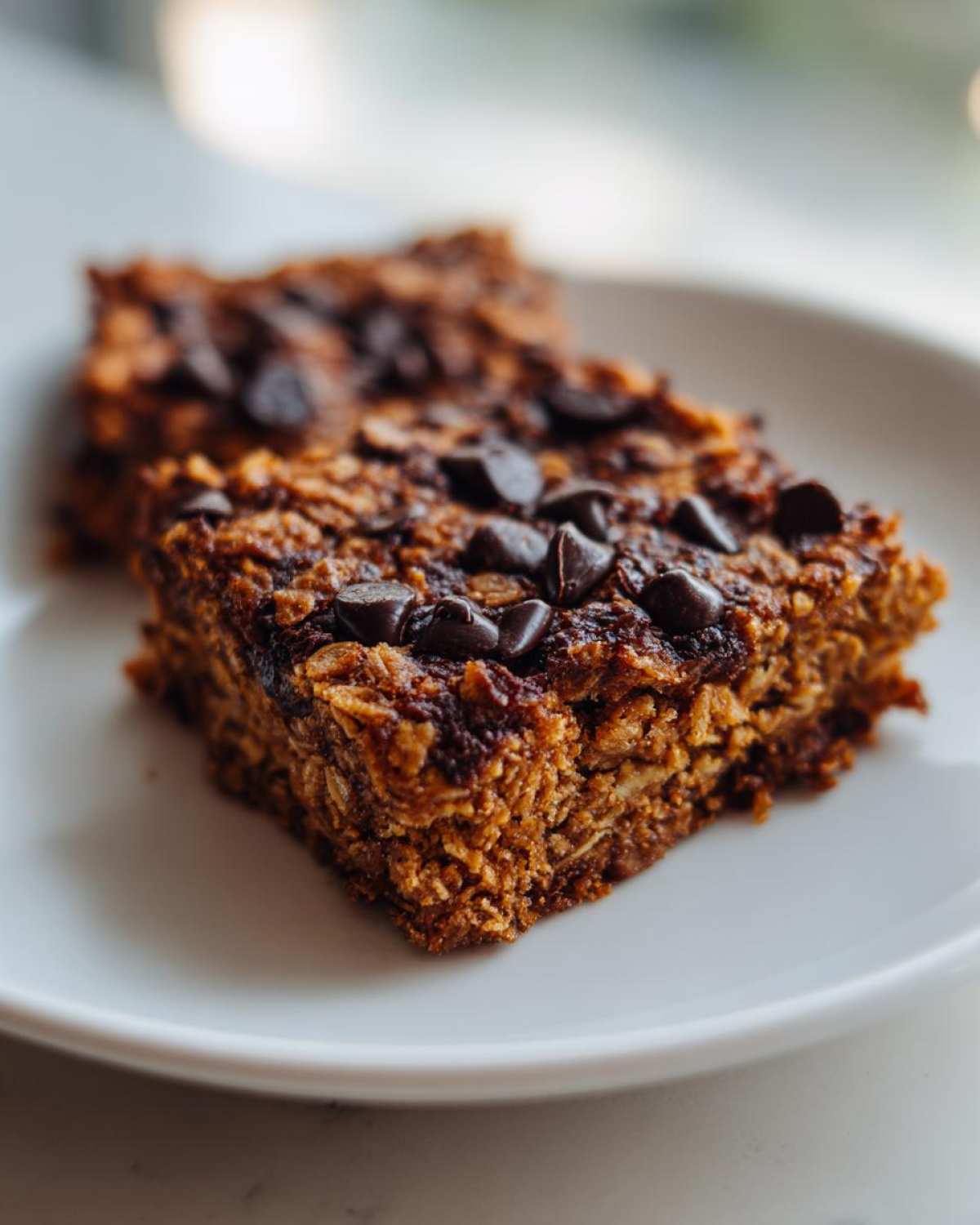 Two chewy Banana Oats Bars topped with melted chocolate chips resting on a white plate.