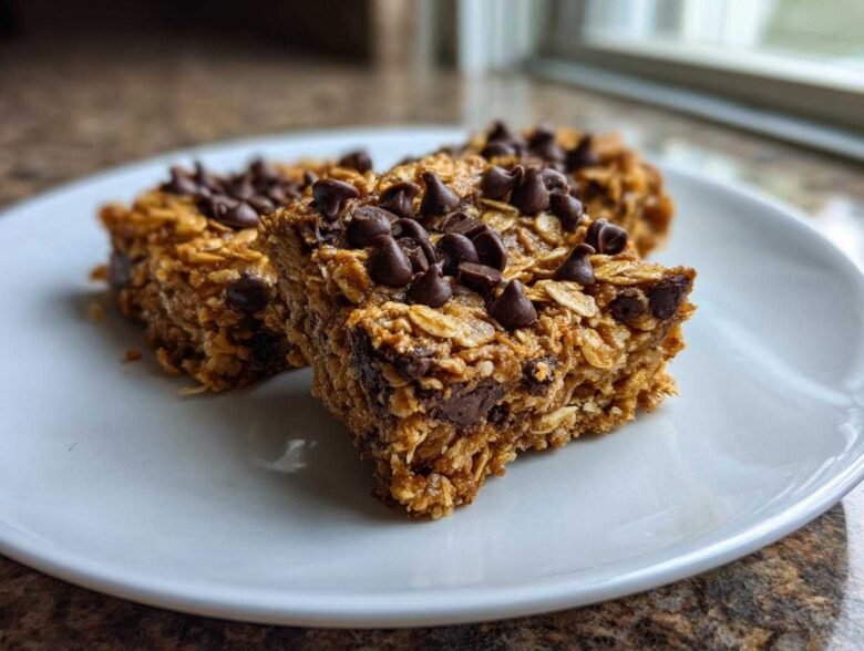 Three chewy Banana Oats Bars, rich with oats and topped generously with chocolate chips, served on a white plate.