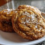 Close-up of three Chewy Salted Honey Cookies stacked on a white plate, topped with flaky sea salt crystals.