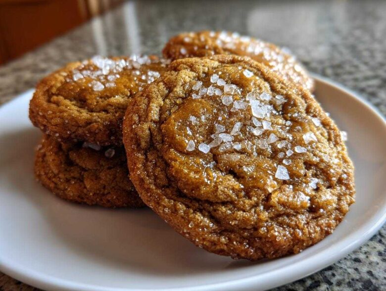 Close-up of three Chewy Salted Honey Cookies stacked on a white plate, topped with flaky sea salt crystals.