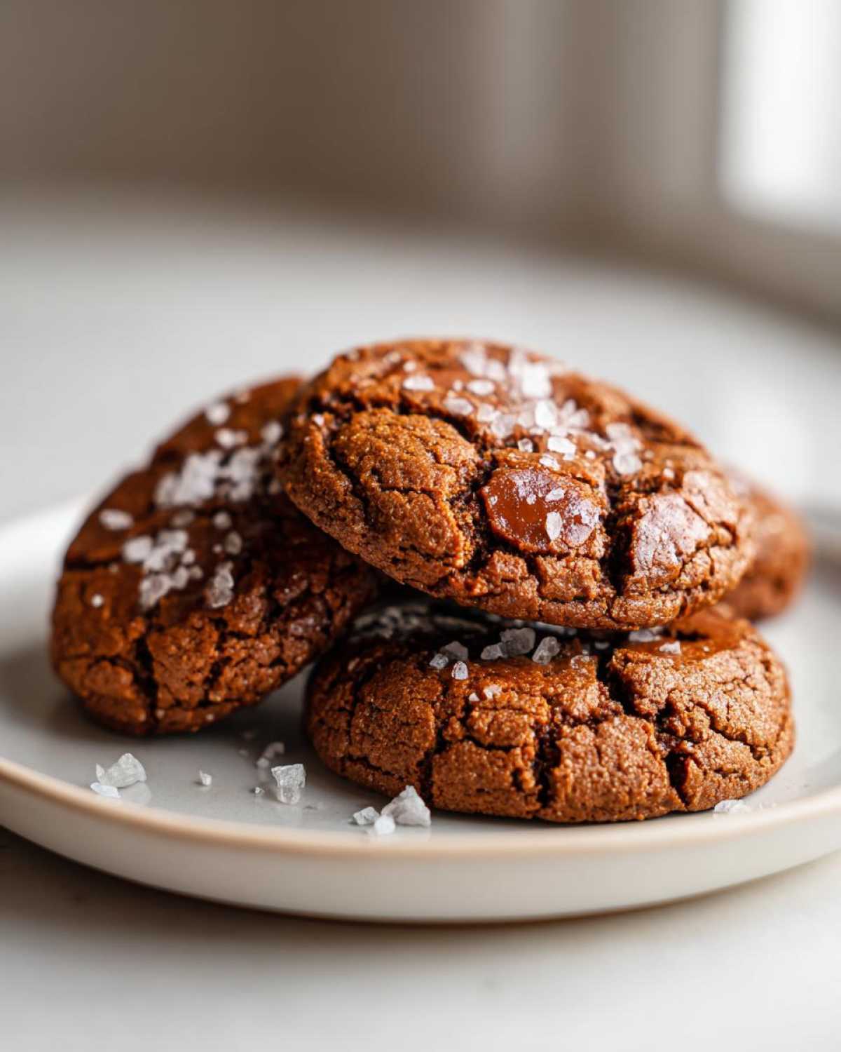 A stack of three dark, chewy Salted Honey Cookies topped with flaky sea salt crystals.