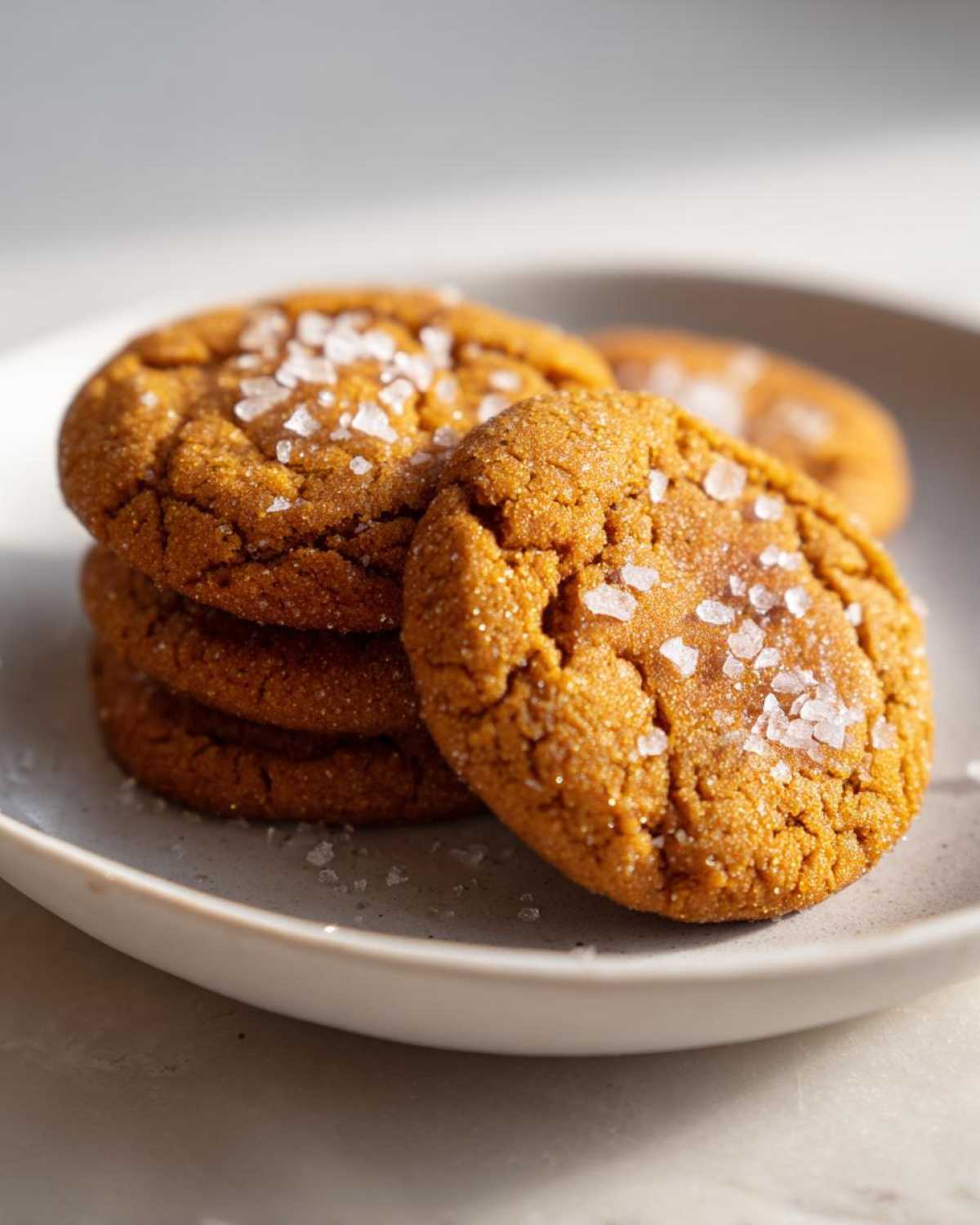 A stack of chewy salted honey cookies topped with flaky sea salt, resting on a light gray plate.