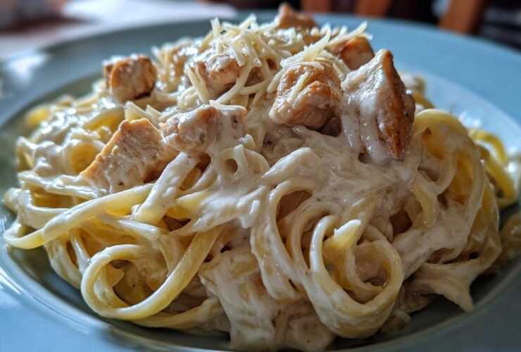 A close-up shot of rich, creamy Alfredo chicken pasta topped with shredded Parmesan cheese.
