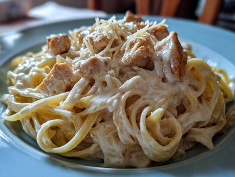 A close-up shot of rich, creamy Alfredo chicken pasta topped with shredded Parmesan cheese.