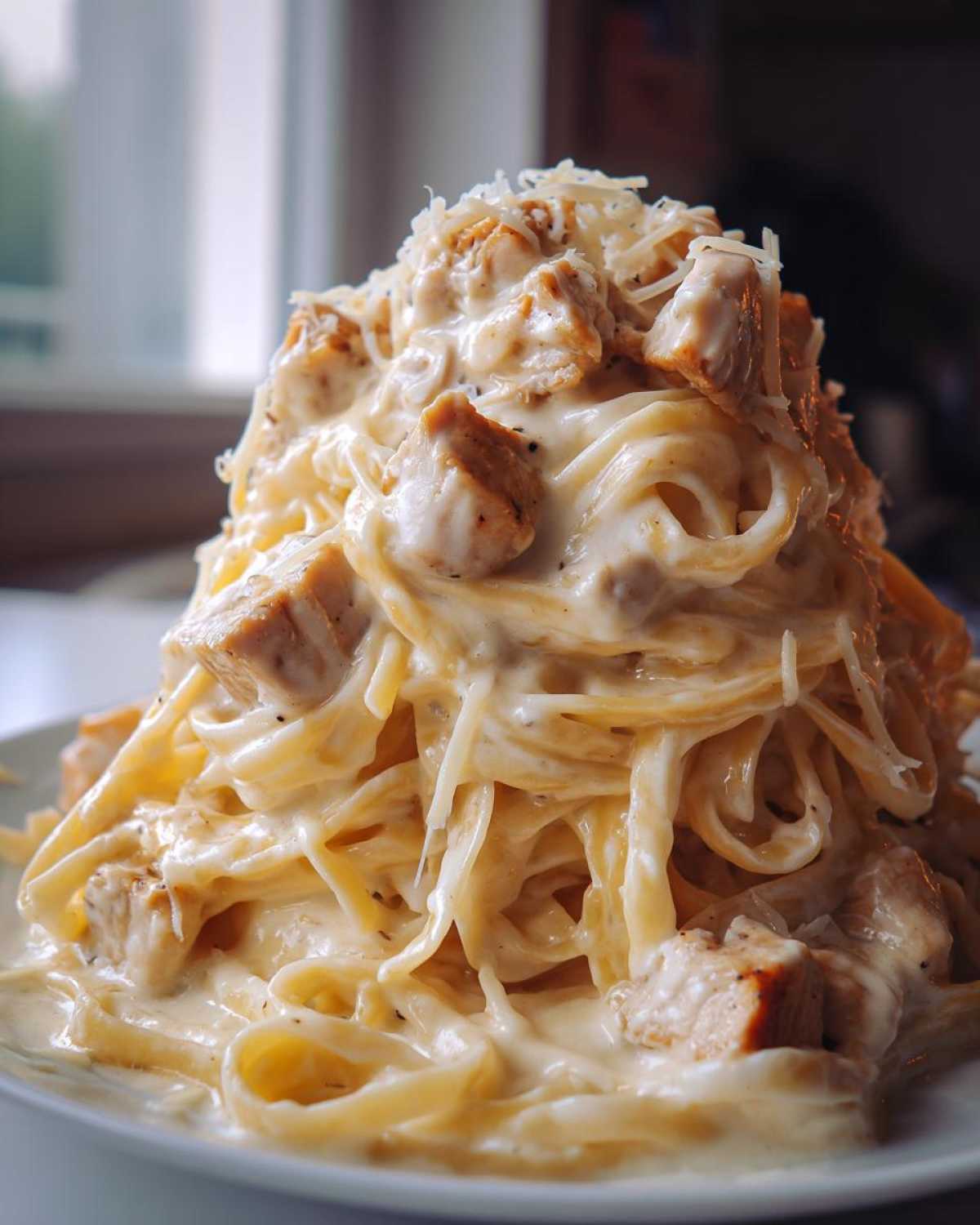 A tall mound of fettuccine pasta coated in rich, creamy sauce, topped with diced chicken and grated Parmesan cheese for a Creamy Alfredo Chicken Pasta Easy Recipe.