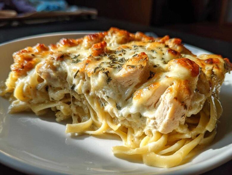 Close-up of a serving of Creamy Cajun Chicken Alfredo Bake with melted cheese and herbs.