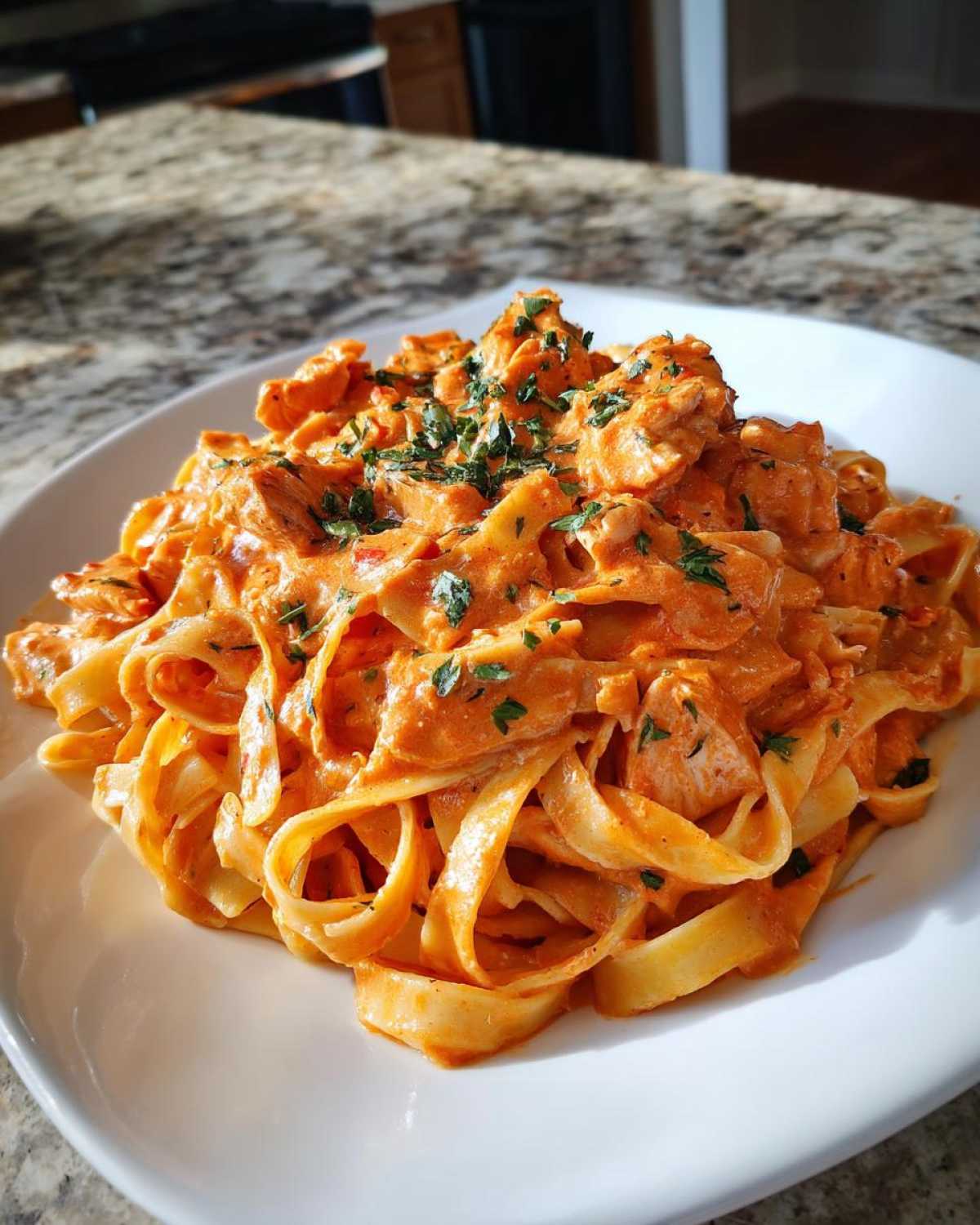 A close-up of a generous serving of Creamy Cajun Chicken Pasta with bold flavor, featuring fettuccine noodles coated in an orange-red sauce and topped with parsley.