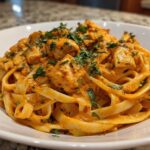 A close-up of a serving of Creamy Cajun Chicken Pasta with bold flavor, featuring fettuccine noodles and chunks of chicken in a rich, orange sauce, topped with parsley.