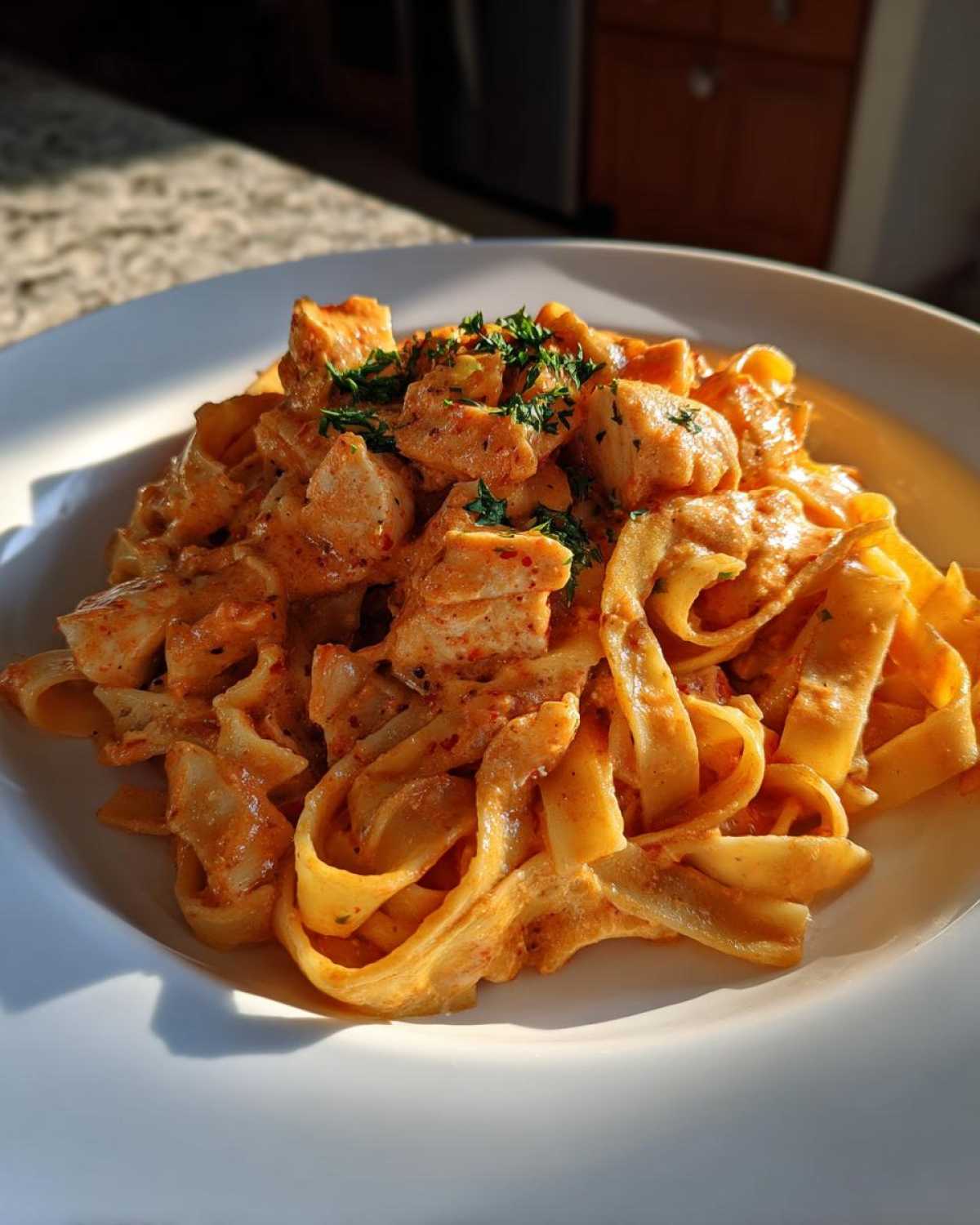 A close-up of Creamy Cajun Chicken Pasta with Bold Flavor featuring fettuccine noodles, seasoned chicken chunks, and a rich orange sauce, garnished with parsley.
