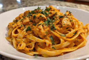 A close-up of a serving of Creamy Cajun Chicken Pasta with bold flavor, featuring fettuccine noodles and chunks of chicken in a rich, orange sauce, topped with parsley.