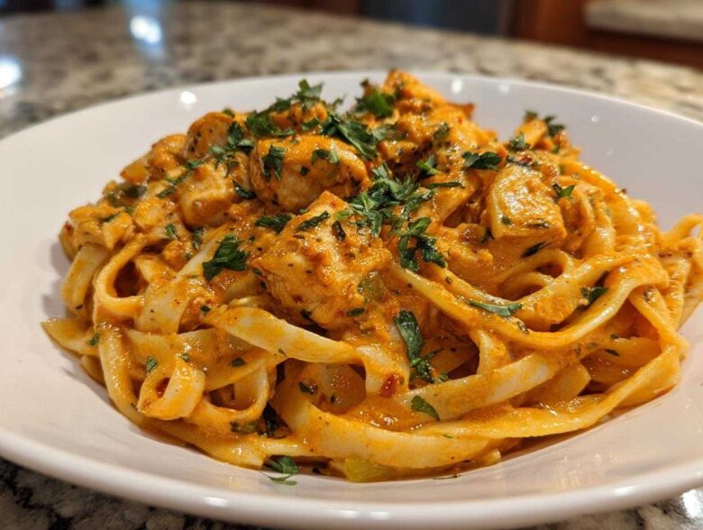 A close-up of a serving of Creamy Cajun Chicken Pasta with bold flavor, featuring fettuccine noodles and chunks of chicken in a rich, orange sauce, topped with parsley.
