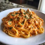 Close-up of a white bowl filled with Creamy Cajun Chicken Pasta, featuring fettuccine noodles and chunks of chicken in a rich orange sauce, topped with fresh parsley.