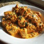 Close-up of cubed chicken pieces smothered in a rich, orange-hued Creamy Cajun Chicken Skillet sauce and topped with fresh parsley.