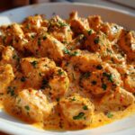 Close-up of tender chicken pieces coated in a rich, orange-hued Creamy Cajun Chicken Skillet with Cream Sauce, garnished with parsley.
