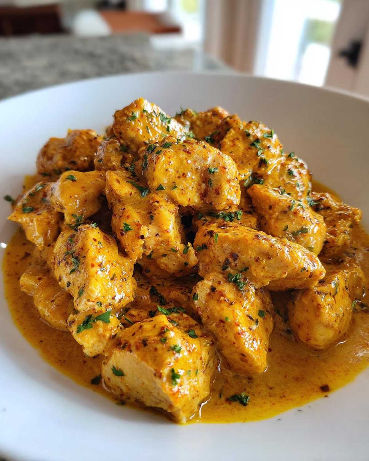 Close-up of tender chicken pieces coated in a rich, yellow Creamy Cajun Chicken Skillet sauce, garnished with parsley.