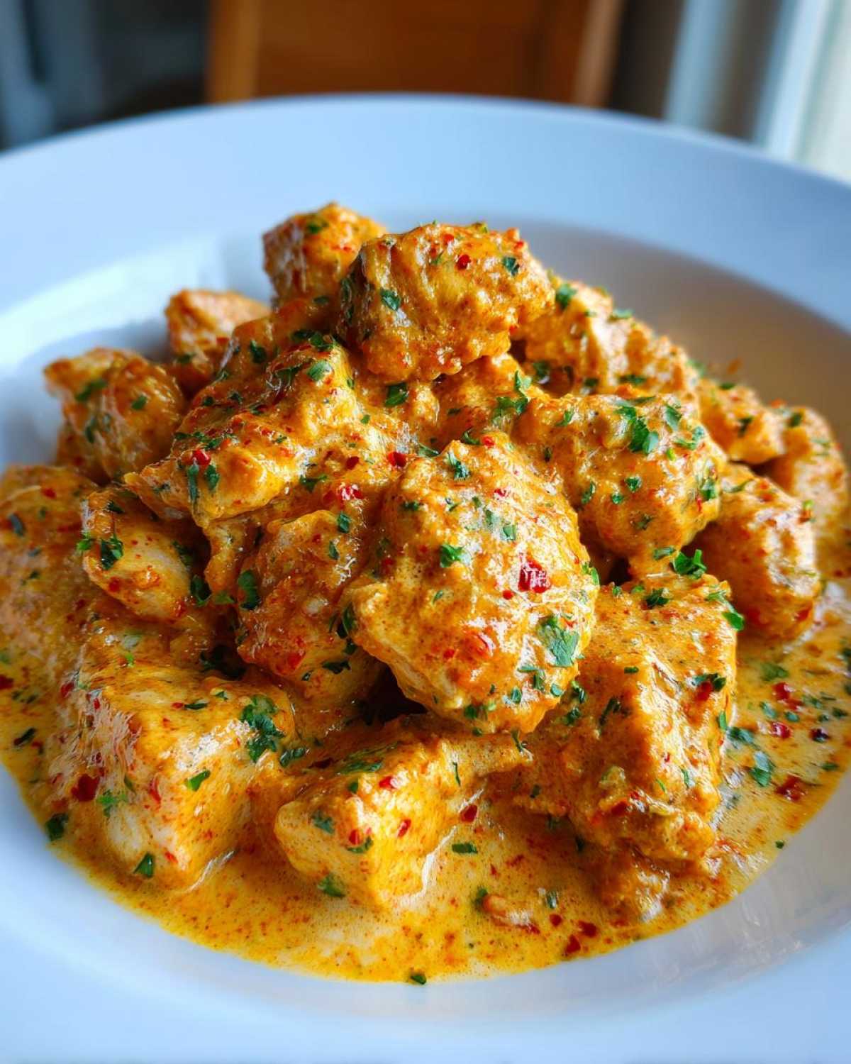Close-up of tender chicken pieces coated in a rich, orange-hued Creamy Cajun Chicken Skillet with Cream Sauce, garnished with parsley.
