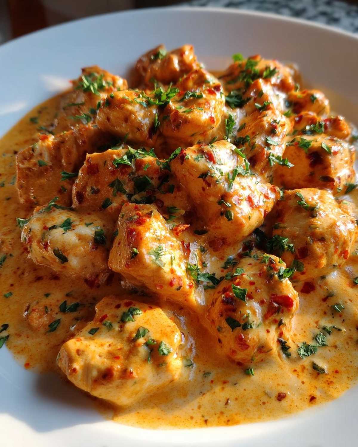 Close-up of tender chicken pieces coated in a rich, orange-hued Creamy Cajun Chicken Skillet with Cream Sauce, garnished with fresh parsley.