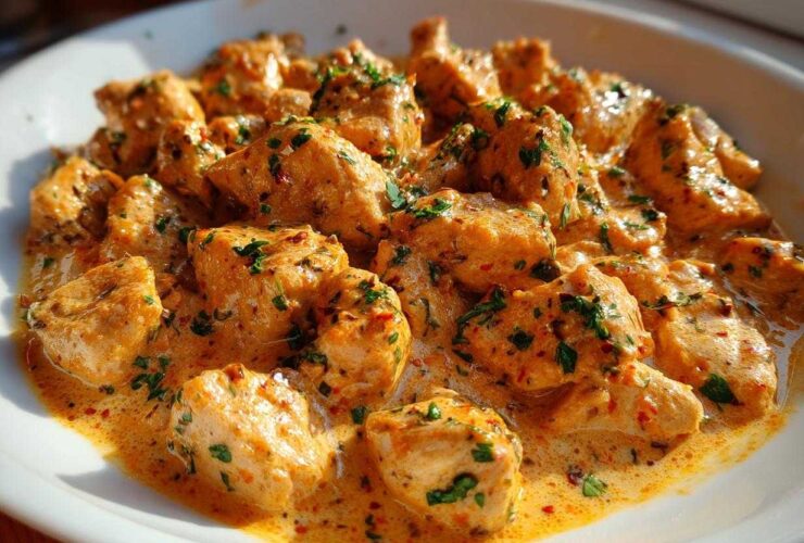 Close-up of tender chicken pieces coated in a rich, orange-hued Creamy Cajun Chicken Skillet with Cream Sauce, garnished with parsley.