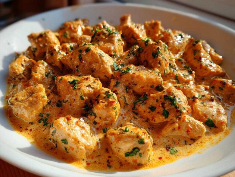 Close-up of tender chicken pieces coated in a rich, orange-hued Creamy Cajun Chicken Skillet with Cream Sauce, garnished with parsley.