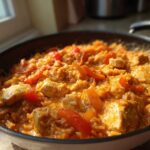 Close-up of a skillet filled with Creamy Cajun Chicken Skillet with Rice, featuring chunks of chicken and red peppers in a rich sauce.