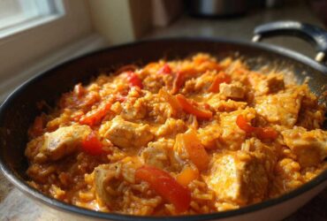Close-up of a skillet filled with Creamy Cajun Chicken Skillet with Rice, featuring chunks of chicken and red peppers in a rich sauce.