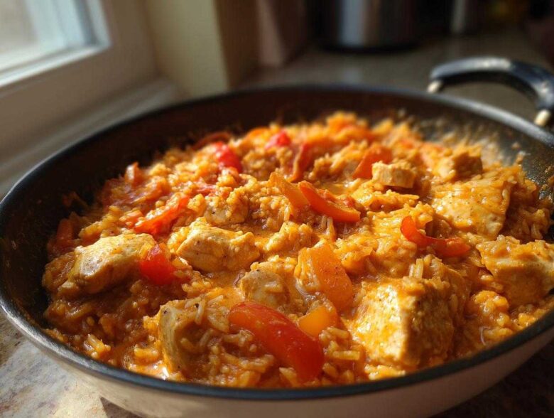 Close-up of a skillet filled with Creamy Cajun Chicken Skillet with Rice, featuring chunks of chicken and red peppers in a rich sauce.