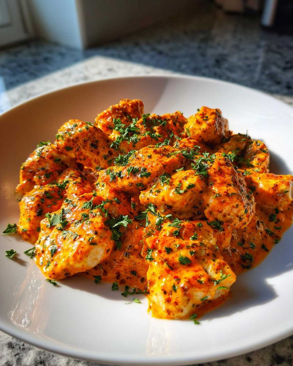 Close-up of tender chicken pieces coated in a rich, orange Creamy Cajun Chicken Skillet sauce and sprinkled with fresh parsley.