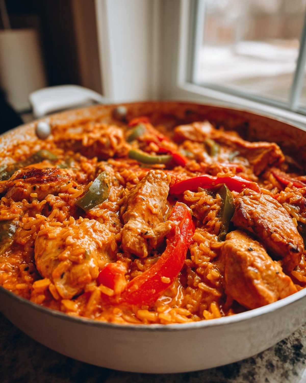 Close-up of Creamy Cajun Chicken Skillet with Rice, featuring seasoned chicken pieces and colorful bell peppers in a rich sauce.