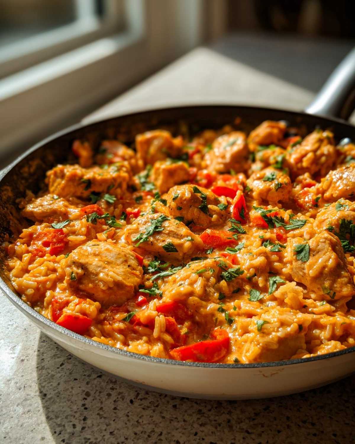 Close-up of Creamy Cajun Chicken Skillet with Rice, featuring chicken pieces, red peppers, and rice in a creamy sauce, garnished with parsley.