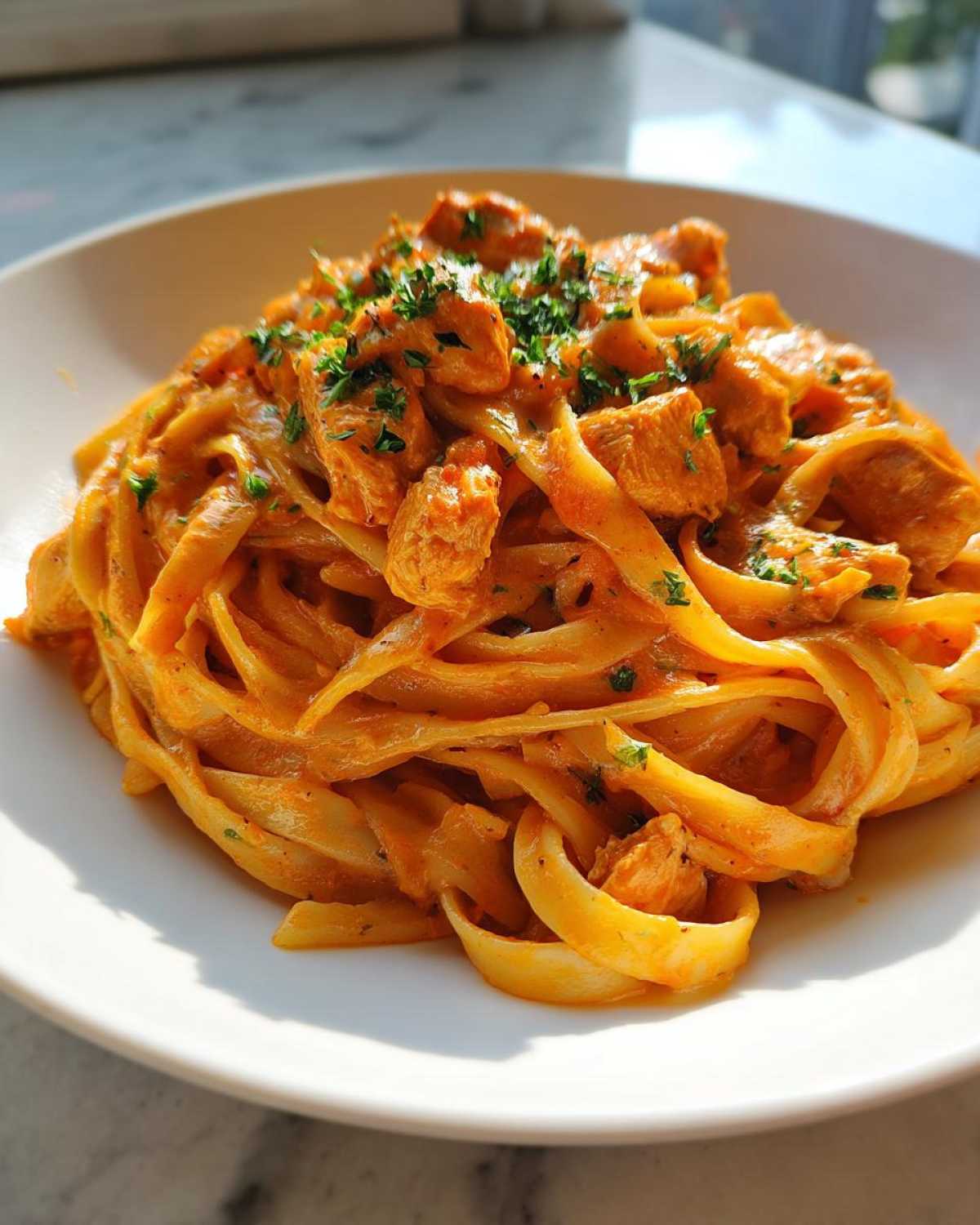 Close-up of a white bowl filled with Creamy Cajun Pasta with Chicken and Spice, garnished with parsley.
