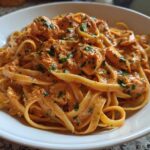 Close-up of a white bowl filled with Creamy Cajun Pasta with Chicken and Spice, garnished with parsley.