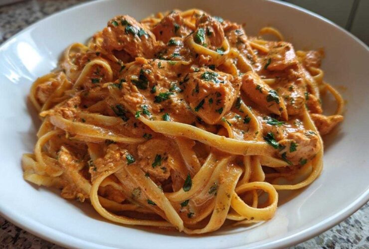 Close-up of a white bowl filled with Creamy Cajun Pasta with Chicken and Spice, garnished with parsley.