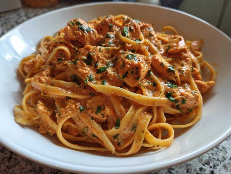Close-up of a white bowl filled with Creamy Cajun Pasta with Chicken and Spice, garnished with parsley.
