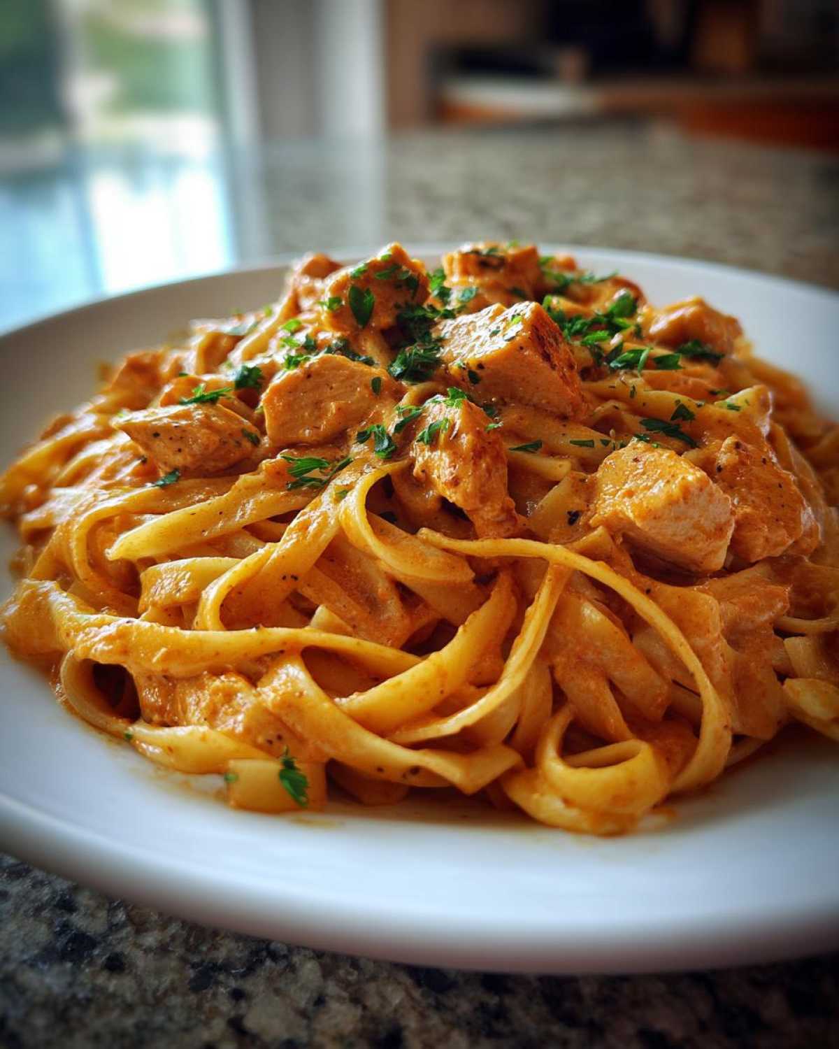 Close-up of fettuccine pasta coated in a rich, orange sauce with chunks of seasoned chicken, garnished with parsley, part of our Creamy Cajun Pasta with Chicken and Spice.
