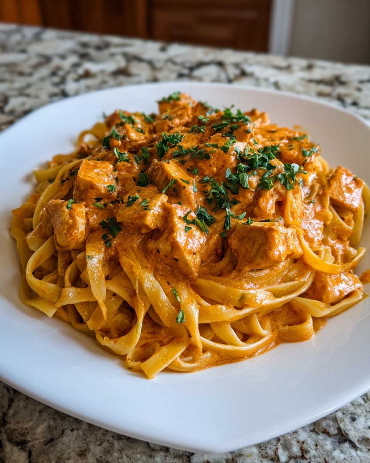 A close-up of creamy Cajun pasta with chicken and spice served on a white plate, garnished with parsley.