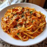Close-up of delicious Creamy Cajun Pasta with Chicken and Spice, featuring fettuccine noodles coated in a rich orange sauce and topped with parsley.
