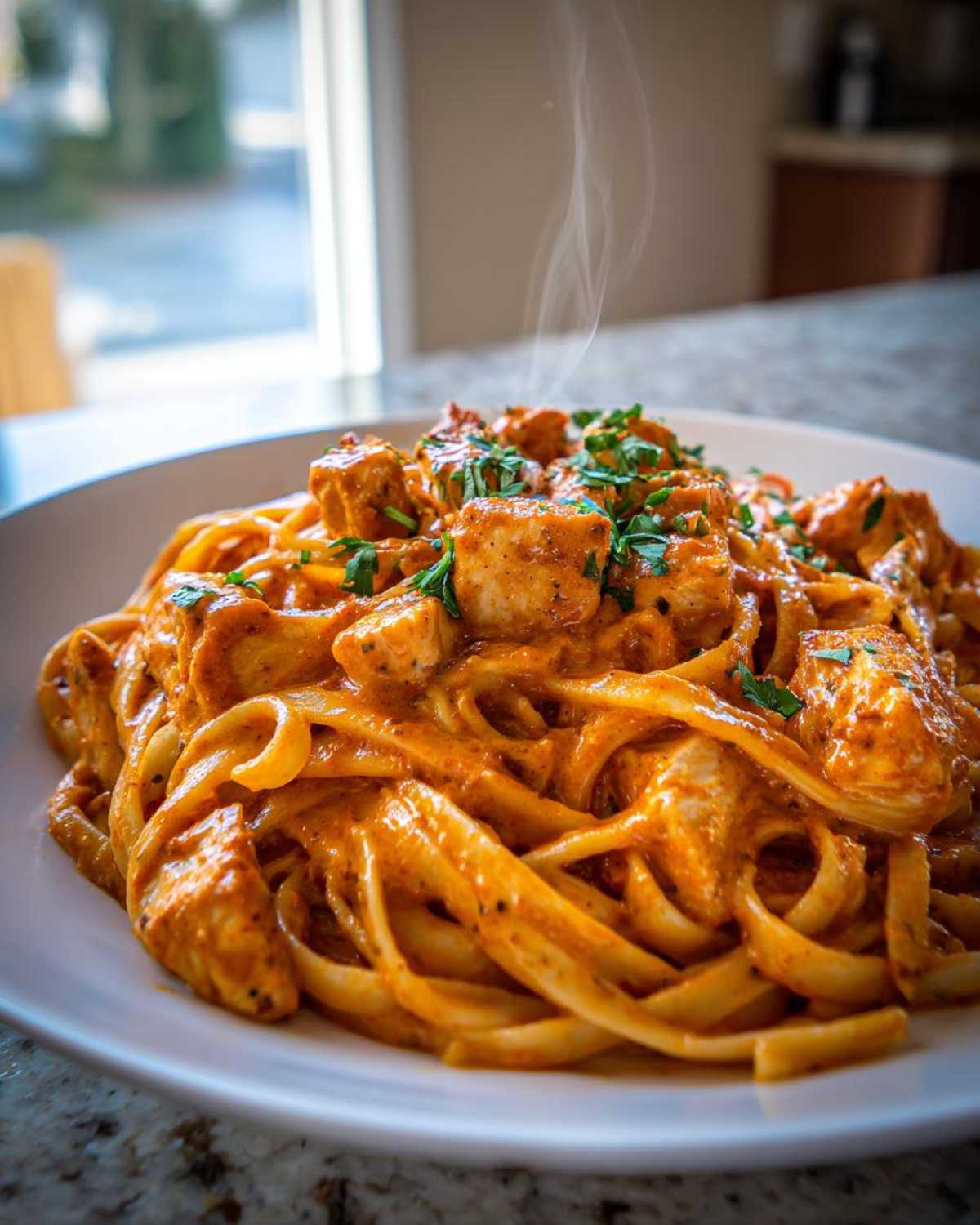 A close-up of a steaming bowl of Creamy Cajun Pasta with Chicken and Spice, featuring fettuccine coated in an orange sauce and topped with chicken pieces.