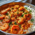 Close-up of Creamy Cajun Shrimp and Rice Skillet served in a metal pan, garnished with parsley.