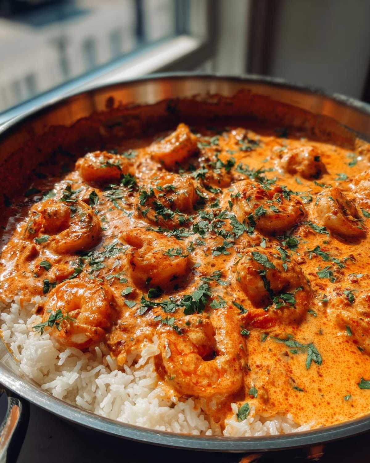 Close-up of Creamy Cajun Shrimp and Rice Skillet served directly in a metal skillet, topped with fresh parsley.