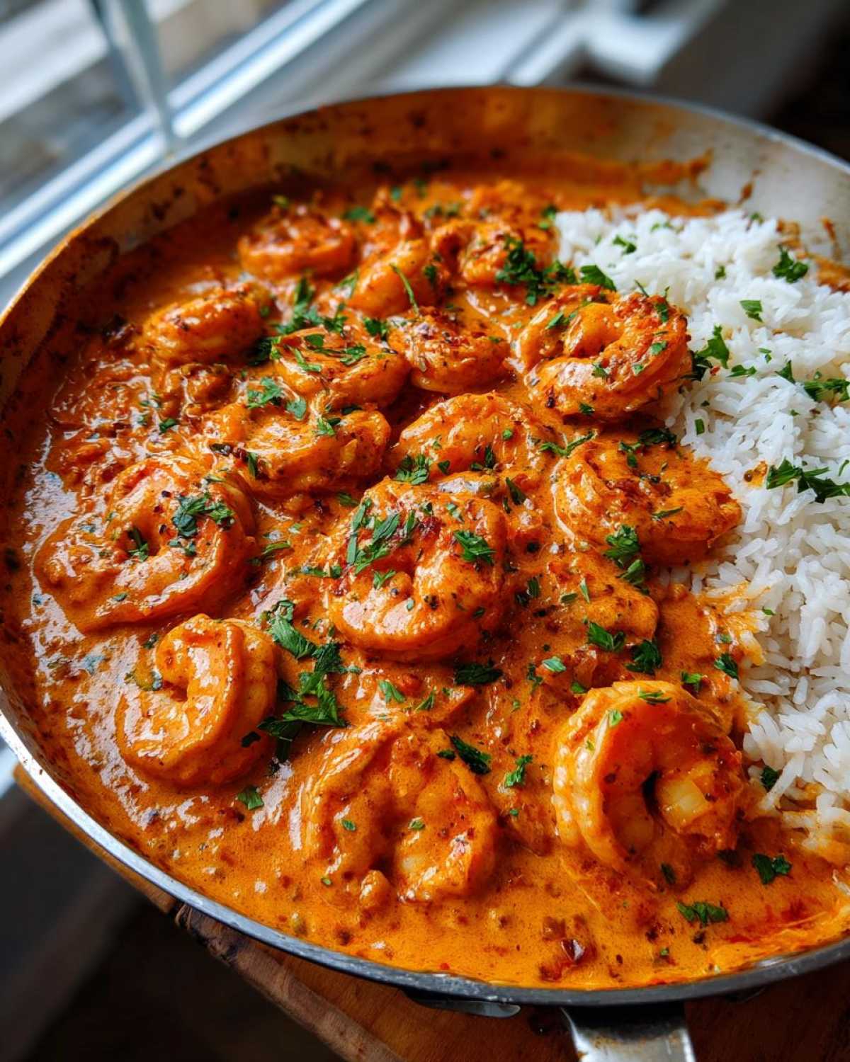 Close-up of Creamy Cajun Shrimp and Rice Skillet, featuring plump shrimp in a rich orange sauce next to white rice.