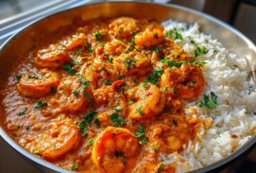 Close-up of Creamy Cajun Shrimp and Rice Skillet served in a metal pan, garnished with parsley.