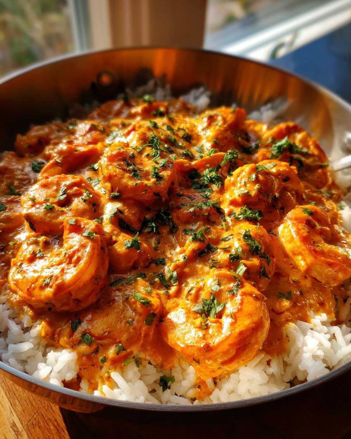 Close-up of Creamy Cajun Shrimp and Rice Skillet topped with fresh parsley in a metal skillet.