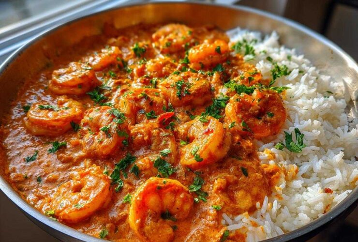 Close-up of Creamy Cajun Shrimp and Rice Skillet served in a metal pan, garnished with parsley.
