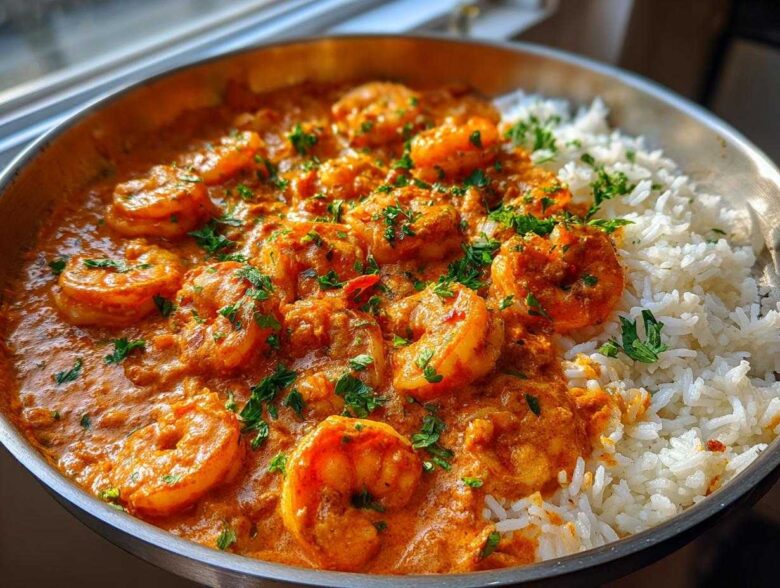 Close-up of Creamy Cajun Shrimp and Rice Skillet served in a metal pan, garnished with parsley.