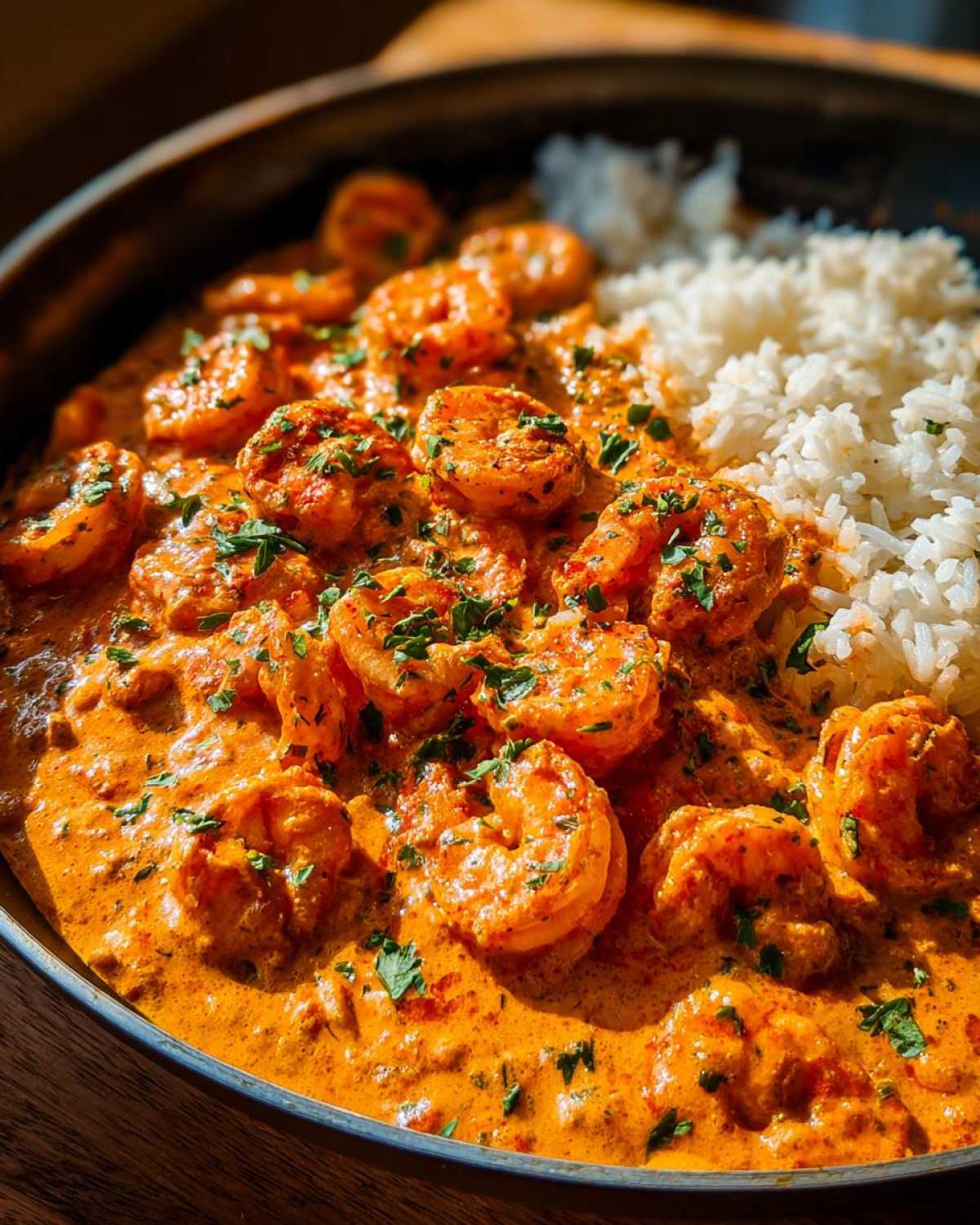 Close-up of Creamy Cajun Shrimp and Rice Skillet, featuring plump shrimp in a rich orange sauce next to white rice.
